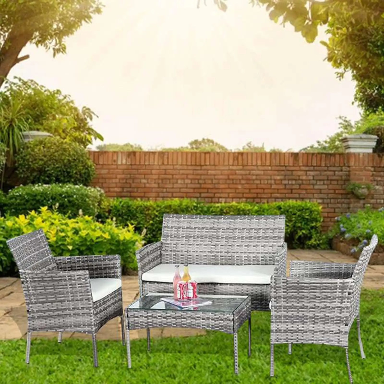 4 Pc Rattan Garden Furniture Set | Indoor & Outdoor Table and Chairs | Sofa for Balcony, Patio, Conservatory, Backyard, Poolside | Mix Grey | Comfortable Coffee Seater