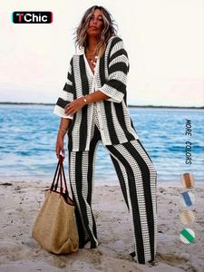 Women's Colorblock Striped Print Hollow Out Sweater Co-ord Set, Casual Button Front Shirt & Wide Leg Pants Set, Women's Knitwear for Daily Wear, Matching Lounge Sets