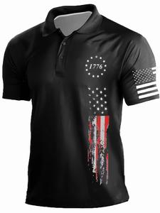 Men's Star & Stripe Print Polo Shirt, Regular Fit Short Sleeve Button Front Top, Casual Comfy Knitting Top for Daily Outdoor Wear, Polo Shirts Men, Graphic Menswear, Fitted Shortsleeve Polo Tees