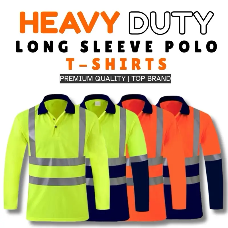 Hi vis viz Long Sleeve Polo t-Shirts Workwear Menswear Reflective Comfort Top Artificial Black Blue Breathable Classic Collar Day Fabric Garment Big Medium Natural Navy Orange Outdoor Polyester Small