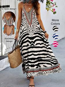 Women's All Over Print Halter Neck Dress, Boho Fashion Casual Sleeveless A Line Dress for Beach Holiday Vacation, Ladies Summer Clothes, Womenswear
