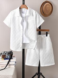 Two-piece Set Boy's Short Sleeve Shirt & Elastic Waist Shorts Set, Casual Summer Outfits Clothes for Kids, Kid's Clothing, Summer Clothes, Boy Clothes, Classic Sets