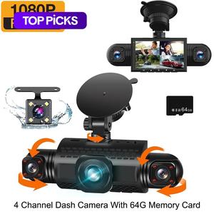 1 Pcs 4 channel HD Dash Camera Front + Rear + Left + Right with 64G Card , 360° Swivel Camera, Reversing Camera, Safety Dash Camera, Loop Recording, Night Version, Gravity Sensor 3 Inch Display