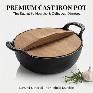 Cast Iron Soup Pot with Wooden Lid, Cookware, Non-Stick and Corrosion-Resistant, Ideal for Home and Outdoor Use, Includes Handle