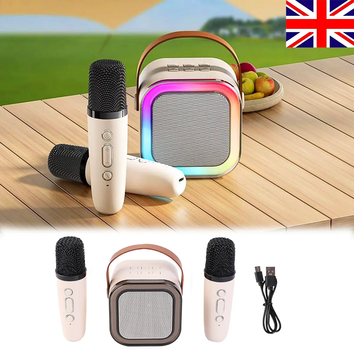 UK Wireless Karaoke Speaker with 2 Wireless Microphones, USB Rechargeable Portable Bluetooth Speaker with 2 Mic, Mini Karaoke Machine KTV Speaker System with RGB Colorful LED Lights, Wireless Speaker, Great Gift for Kids Girls Boys Home Party