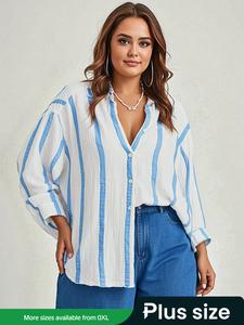 【Plus Size】 Striped Print Shirt, Button Blouse, Casual Blouses, Collared Top for Spring & Fall, Women's Clothes for Daily Wear, Casual Longsleeves Top