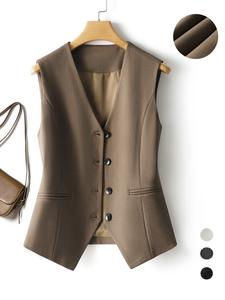 Women's Solid Button Front Vest Blazer, Elegant V Neck Pocket Suit Vest for Work Office Business, Ladies Spring & Fall Clothes, Going Out Tops