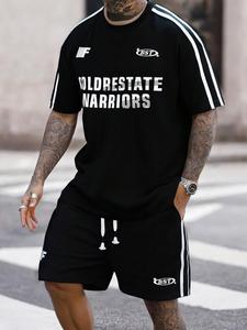 Men's Letter Print Side Stripe Short Sleeve Tee & Drawstring Waist Track Shorts Two-Piece Set, Regular Fit Casual Comfy Round Neck T-shirt & Pocket Shorts, Summer Clothes Set for Men