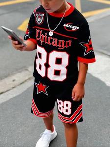 Boys' Chicago Number 88 Set, Summer Trendy Sports Short Sleeve Shorts Two-Piece Set, Casual Fitted All over Print Clothing Set, Clothes Kids