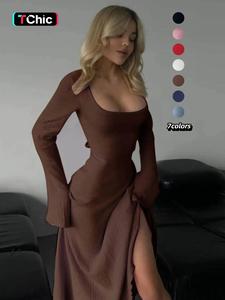 Women's Plain Lace Up Flounce Sleeve Dress, Elegant Square Neck Long Sleeve A Line Dress for Spring & Fall, Women's Clothing for Daily Wear