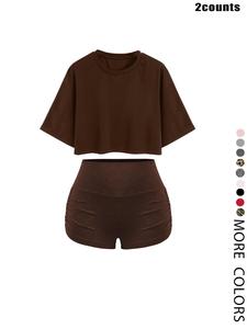 Women's Solid/All Over Print Crop Tee & Shorts Two-piece Set, Casual Short Sleeve T-shirt & Shorts for Daily Wear, Ladies Summer Clothes