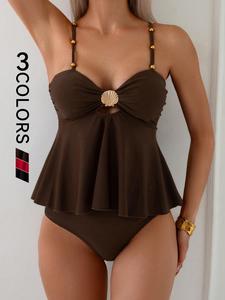 New Summer Beach Style Sexy Belly Concealing Slimming Solid Color Tummy Control Tankini Outfit Two-Piece Swimsuit, Women's Fashion Swimwear