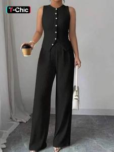 Elegant Commute Style Set, Sleeveless Round Neck Buttoned Slim Vest + High Waist Loose Straight Leg Pants, 2 Piece