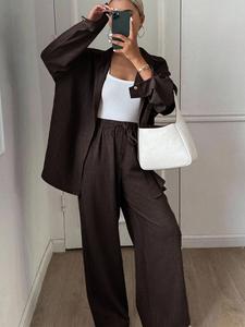 【Plus Size】 Two-Piece Set Solid Button Front Shirt & Drawstring Waist Pants Set, Casual Drop Shoulder Long Sleeve Top & High Waist Trousers for Daily Wear, Women's Two-piece Outfits for Spring & Fall