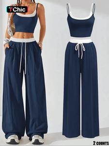 Two-piece Set Women's Colorblock 2 in 1 Cami Top & Wide Leg Pants Set, Casual Sleeveless Top & Pocket Trousers, Ladies Summer Clothes, Womenswear