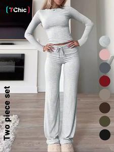 Two-Piece Set Women's Solid Color Long Sleeve Crop Tee & High-Waisted Drawstring Pants Set, Casual Everyday Slim Fit Outfit for Fall & Winter Seasons
