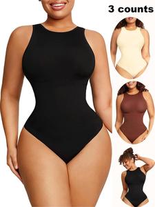 Women's Solid Round Neck Shapewear Bodysuit, Casual Sleeveless Tummy Control Bodysuit for Daily Wear, Women's Breathable Shapewear Clothing for All Seasons, Womenswear