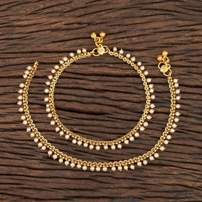 Antique gold and pearl payal anklets for women
