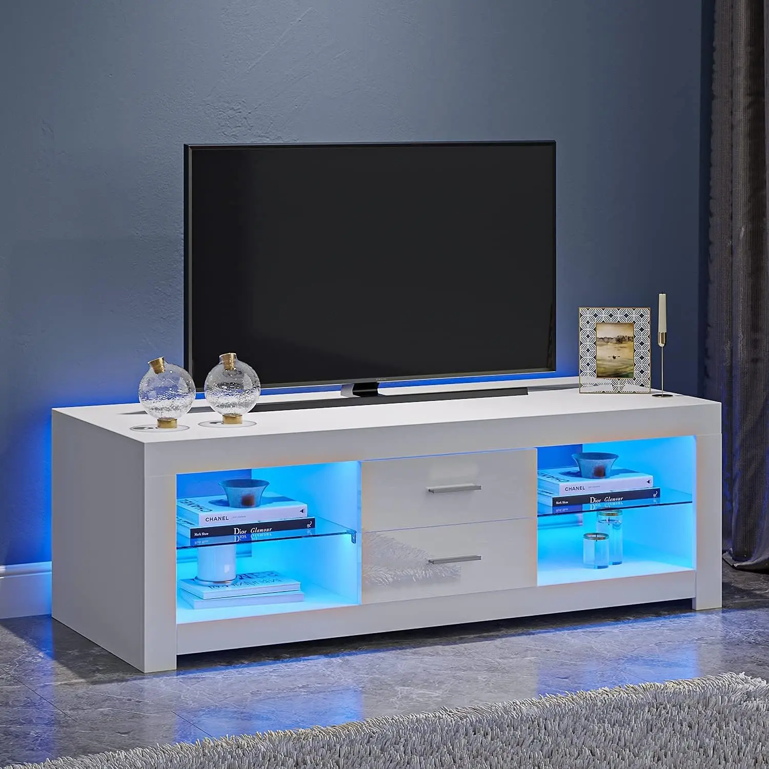 Panana Modern TV Unit Stand Cabinet 120cm 2 Drawers 2 Glass Shelves Media Storage Sideboard with RGB LED Lights up to 55" TVs Screen, (White)