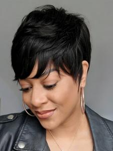 Short Pixie Cut with Bangs 6 Inches Human Hair Glueless Wig, Hair Loss Friendly, Full Machine Made, Straight Style, Pixie Wigs