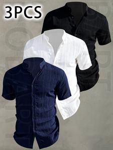 3pcs Men's Summer Short Sleeve Shirt - Lightweight Breathable Plain Color Button-Up Casual Shirt with Stand Collar, Low-cut collar designr Beach Vacation, Pool Party & Casual Attire, Beach Shirt, gift for husband
