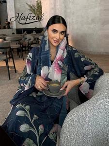 Elegant Long Sleeve Kaftan Dress with Beautiful Floral Print, Loose-Fitting A-Line Abaya, Includes Headscarf, All Seasons Outerwear, Muslim Women Gowns