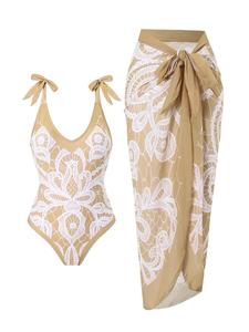 Women's Floral ＆ Houndstooth ＆ Geometric Print Tie Shoulder One-piece Swimsuit & Cover Up Skirt Set, Sexy Sleeveless V Neck Swim Bodysuit & Cover Up Skirt, Ladies Swimsuit for Beach Holiday Vacation