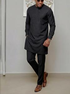 Muslim Men's 2-Piece Set African Style Kaftan Thobe Traditional Clothing, Long Sleeve Embroidered Blouse & Pants, Formal Occasions