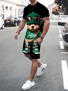 【Plus Size】 Cartoon Print Short Sleeve Tee & Shorts Set, Casual Round Neck T-shirt & Shorts, Men's Summer Clothes