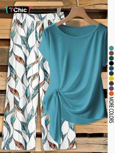Women's Casual Khaki Bow-Tie Shirt & Loose Straight Geometric Print Pants 2 Pieces Set, Suitable For Spring & Summer