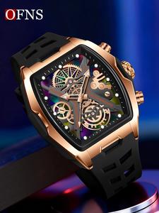 1Pcs Fashion Barrel shape Dial Design Men's Watches Waterproof, Top Brand Luxury Male Quartz Wristwatch, Trendy Retro Style Watch for Man, Silicone strap/ABS plastic case, Trend Men Business Watch, Holiday Birthday Gifts, Skeleton Watches