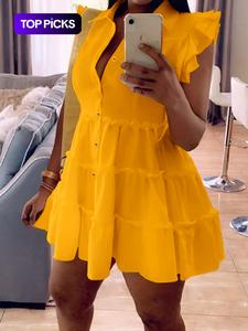 Women's Minimalist Plain Layered Sleeve Button Front Frill Trim Short Dress, Summer Clothes Women, Casual Comfort Womenswear Short Sleeve Collared Smock Dresses Summer, Women's Basic Summer Clothing for Daily Casual Wear, Summer Dresses 2024