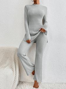 Women's Light & Thin Rib Knit Split Mock Neck Top & Flare Leg Bell Bottom Pants Matching Pjs Loungewear Set, Pyjamas Set for Daily Wear, for Spring & Fall Pajamas