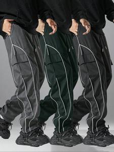 Men's Striped Patchwork Cargo Pants, Casual Fashion Comfy Regular Fit Trousers for Daily Outdoor Wear, Men Bottoms for All Seasons