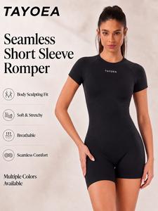 Tayoea Seamless Round Neck Tight Fit Breathable Shaping High Elastic Short Sleeve Backless Romper, Ideal for Running Yoga Fitness Cycling, Yoga Activewear Jumpsuit