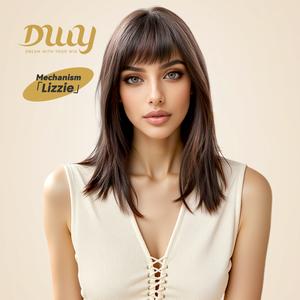 Lizzie-DWY Machine Made Mid-Length Straight Hairstyle with Straight Across Bangs Glueless Synthetic Wig for Women 4 Shades 14 Inches