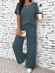 Women's Solid Ribbed Top & Wide Leg Pants Two-piece Set, Casual Fashion Cozy Top & Trousers for Daily Outdoor Wear, Ladies Clothes for All Seasons