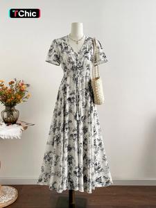 Women's Bohemian Style Dress, Short Sleeve V Neck Design, Swiss Dot Ruffle Layered Long Skirt, Slimming Cocktail Dress for Summer Fashion