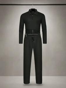 Two-Piece Set Men's Solid Textured Long Sleeve Polo Shirt & Drawstring Waist Pants Set, Regular Fit Casual Zipper Top & Pocket Trousers, Men's Outfits