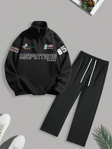 Men's Letter Print Half Zip Up Sweatshirt & Pants Two-piece Set, Casual Long Sleeve Top & Straight Leg Trousers for Spring & Fall, Men's Outfits for Daily Wear