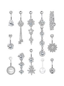 Women's Summer 2024 Elegant Rhinestone & Flower Decor Belly Button Rings, Trendy Belly Piercing Jewelry, Fashion Body Jewelry for Crop Top Decor