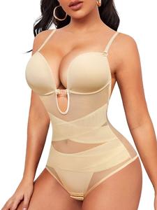 Women's Criss Cross Cut Out Sheer Shapewear Bodysuit, Adjustable Strap Contrast Mesh Bodysuit, High Stretch Shaper for Daily Wear