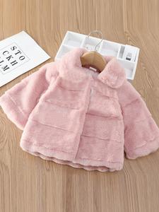Baby Girl's Solid Button Front Collared Plush Coat, Cute Cozy Long Sleeve Collared Outerwear for Fall & Winter, Girls Winter Clothes, Newborn Infant Kids Clothes for Daily Wear