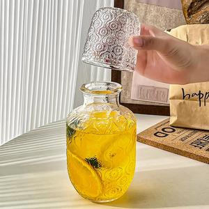 1 count embossed glass water bottle set, glass water jug juice pitcher with tumbler, nordic retro relief pattern crystal glass cold kettle set, one pot and one cup cold drink ice kettle with lid, household cold drink juice pot