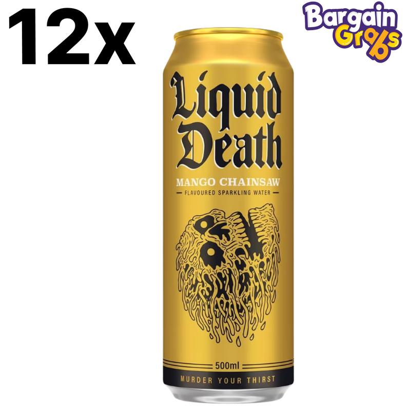12 x Liquid Death 500ml Cans, Various Flavours – Still, Sparkling, Mango, Lime – Premium Hydration with a Bold Edge Beverage