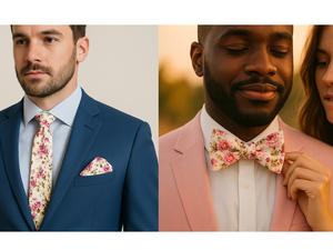 Cream & Pink Cotton Rose Bespoke Tie, Bow Tie or Matching Pocket Square Cotton Wedding-Ready Elegance: Floral Pocket Hanky
