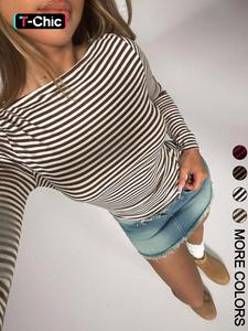 Women's Casual Striped Slim Fit Long Sleeve T-Shirt, Knit Comfortable Ladies Top for Daily Wear, Stylish and Versatile Design