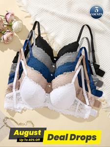 Women's Floral Lace Bow Decor Underwire Bra, Comfortable Breathable Adjustable Straps Push Up Bra for Lady, Women's Basic Lingerie for Daily Wear, Minimalist Breathable Bra, Underwear