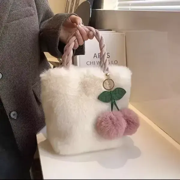 New Fashion Soft Plush Handbag Winter Furry Ladies Clutch Shoulder Bag Cherry