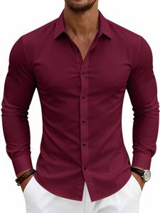Men's Performance Stretch Dress Shirt, 145g Lightweight Cool-Silk Cotton Feel, 4-Way Stretch Slim Fit, Wrinkle-Free Business Casual Shirt, Long Sleeve